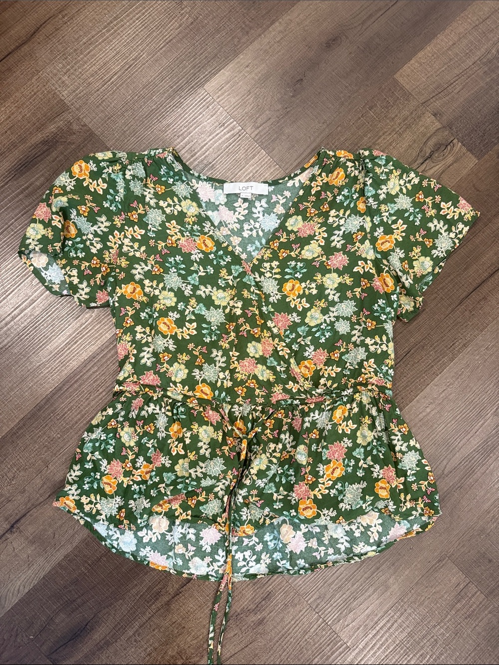 LOFT Green Floral Wrap Tie-Peplum Blouse